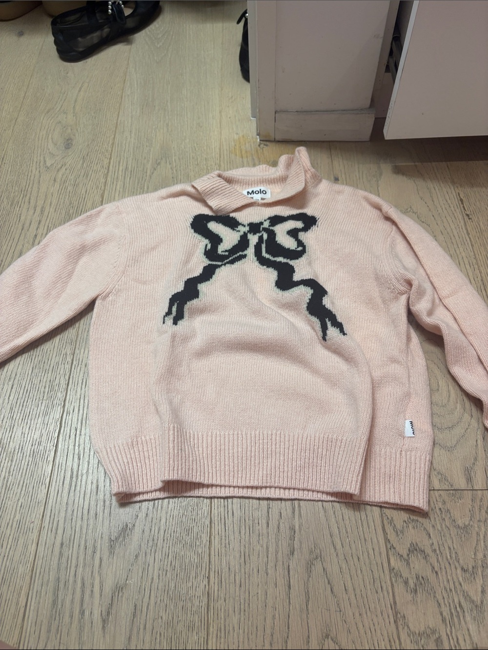 Molo Pink Crewneck Sweater with Black Bow Intarsia